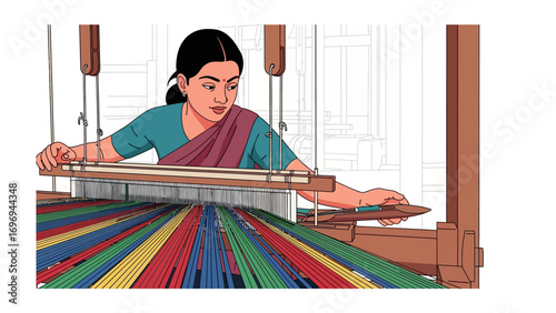 Weaving the Tapestry of Tradition: A skilled artisan diligently weaves intricate patterns on a loom, embodying the timeless art of textile creation.
