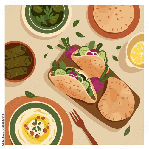 Stuffed pita pockets with pickled turnips and greens in contemporary Levantine style, light earthy vector illustration with sun-washed natural mood