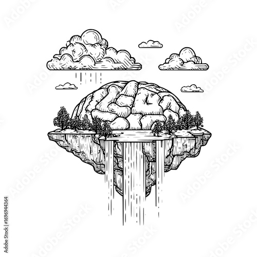 Illustration of a brain shaped landmass with trees waterfalls and clouds in a black and white drawing