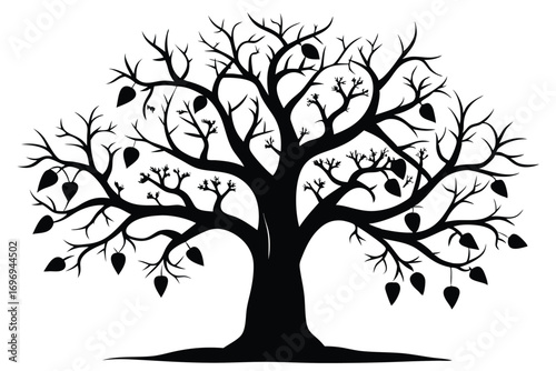 Silhouette of a Leafy Tree with Bare Branches and Dangling Leaves Illustration