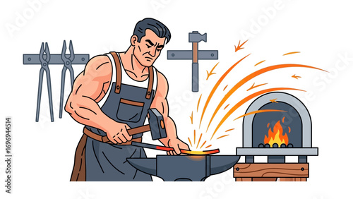 Crafting Artistry: A strong blacksmith, illuminated by the forge's radiant glow, sculpts hot metal with precision and power, symbolizing skill and craftsmanship.