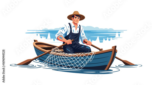 The Fisherman and His Boat: A lone fisherman navigates his wooden boat on calm water, the silhouette of a fishing net adding a classic touch. With a determined gaze and a hint of a smile.