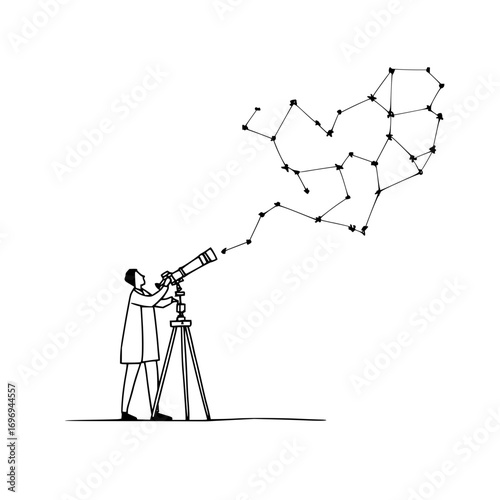 Person using a telescope to observe a constellation with connected dots in the night sky drawing