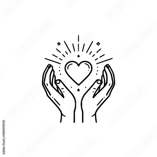 Hands gently holding a radiant heart with emanating light in a minimalist line art illustration