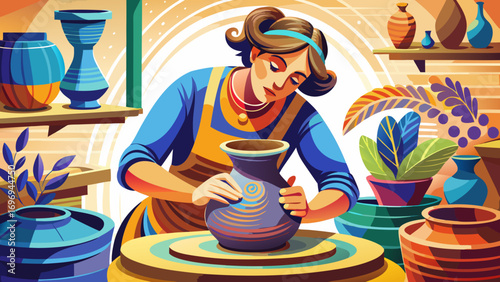 Close-up portrait of female potter shaping a ceramic vase gracefully. White background highlights tradition, creativity, and handmade beauty.