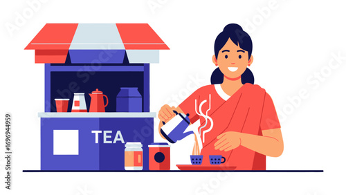 Tea Stall Owner: A skilled stall owner exudes warmth as she pours steaming tea, the inviting scene capturing the essence of a cozy and bustling market, symbolizing daily life. 