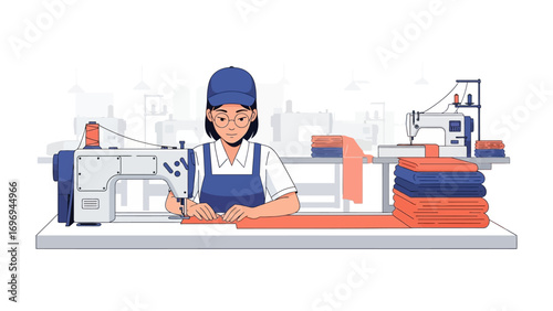Textile Craftswoman: A dedicated textile craftswoman is deeply engaged in her craft, meticulously operating industrial sewing equipment, a testament to skilled labor and creative design.