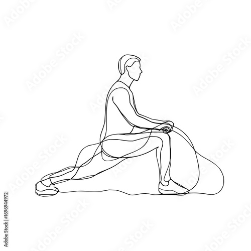 Continuous line drawing of a man stretching his legs in a lunge position on a white background view