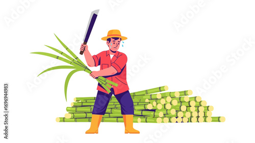 Farmer Harvesting Sugarcane: This illustration depicts a farmer meticulously harvesting sugarcane, demonstrating traditional agricultural practices with sharp tools.