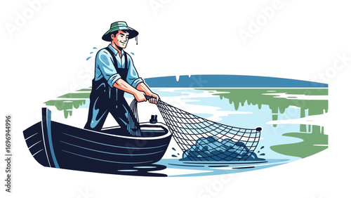 Fisherman on the Boat: A fisherman, diligently working, navigates his boat in a peaceful lake, casting his net for a successful catch of fish. Witness the timeless dance between man and nature.
