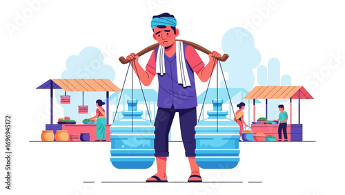 Water Vendor: A dedicated water vendor carries large containers through a bustling market. A scene depicts the vendor's hard work and the essence of local commerce.