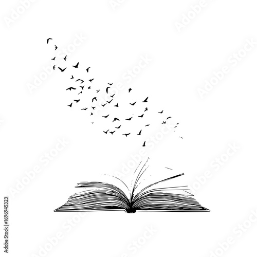 Open book with birds flying away from the pages in black and white illustration style artwork design