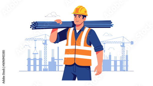 Construction Worker's Duty: A skilled construction worker, adorned in a safety vest and hard hat, confidently carries steel beams, representing dedication and the construction process.