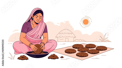 Rural Lifestyle: A woman meticulously crafts traditional sun-dried dung cakes with expert hands, depicting a rural lifestyle, simple cottage, and bright sunshine.