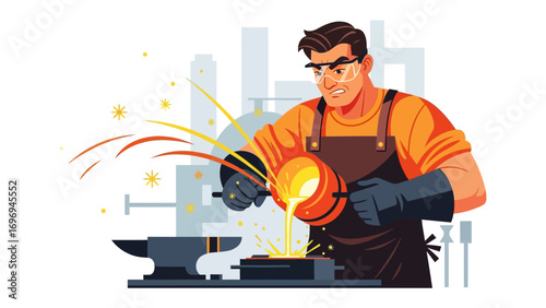 Foundry Forge: A dedicated artisan pouring molten metal in the glow of the foundry with skill and precision, the heart of Industry. 