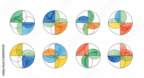 A collection of eight minimalist geometric designs featuring intersecting circles with vibrant watercolor fills, ideal for abstract data visualization