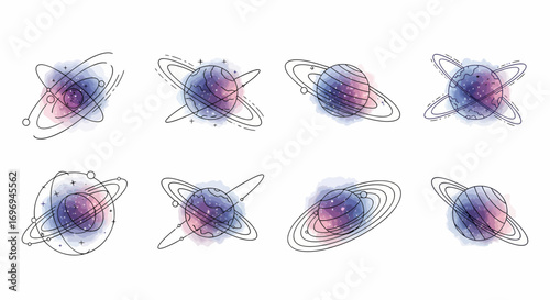 A collection of eight hand-drawn planets with abstract watercolor textures and minimalist orbital line art