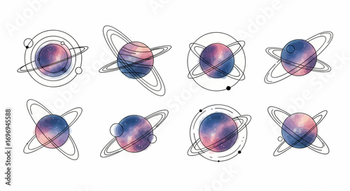 Set of 8 Cosmic Watercolor Planet Icons Minimalist Line Art Designs in Cosmic Theme