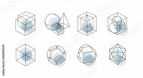 Collection of Eight Geometric Shapes in Minimalist Line Art Style with Soft Blue Tints