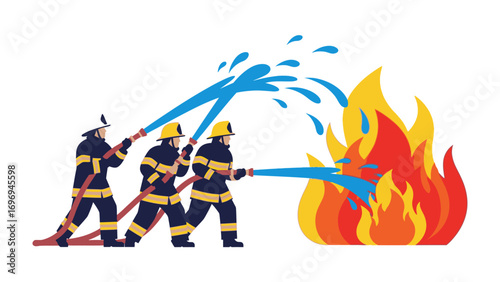Brave Rescue: Firefighters confront a raging blaze with courage and teamwork, directing streams of water towards the towering flames to protect and serve, embodies the spirit of selflessness.