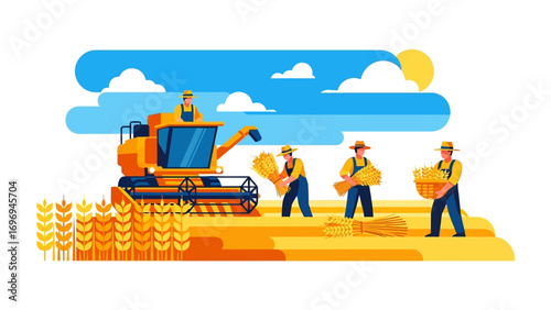 Harvesting the Golden Fields: A vibrant illustration of a combine harvester and several farmers working diligently in a golden wheat field. the scene is a celebration of rural productivity, hard work.