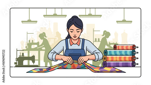 Tailoring Dreams: An illustration of a woman in the atelier. The woman meticulously manipulates the vibrant material in an environment where craftmanship shines