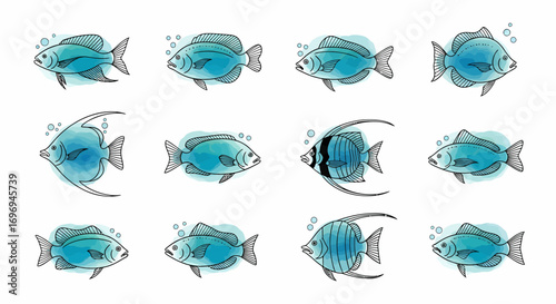 Diverse collection of vibrant watercolor fish illustrations, featuring hand-drawn minimalist line art and blue-green splashes, ideal for aquatic themes and ocean designs