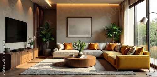 Cozy and inviting living room interior with comfortable seating, warm lighting, and stylish decor Perfect for relaxation and entertainment , domestic, lamp, space