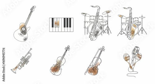 Collection of musical instruments in minimalist line art with watercolor accents