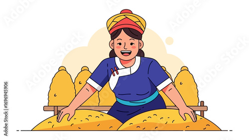 Woman With Harvest: A vibrant illustration captures a woman surrounded by her golden harvest, symbolizing prosperity and the rewards of hard work. It evokes a sense of gratitude and abundance.