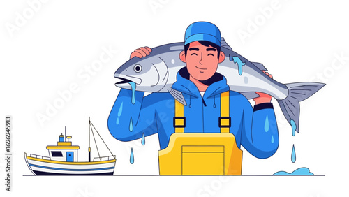 Fisherman and the day's catch: A resilient fisherman carries a large fish, proudly showcasing the fruits of his labor, with his boat anchored nearby.