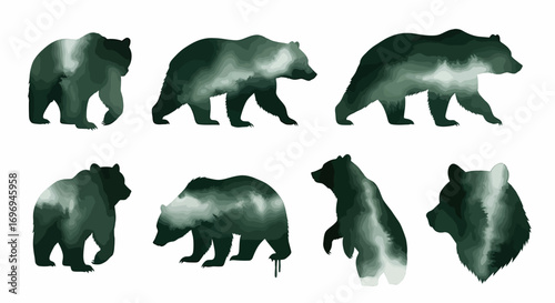Collection of eight minimalist watercolor bear silhouettes, rendered in dark forest green washes, depicting various wildlife poses with artistic fluidity, isolated on white