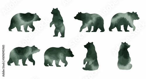 A comprehensive collection of 8 hand-painted watercolor bear illustrations, presented in a minimalist style with various dynamic poses, perfectly isolated on a clean white background