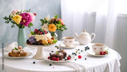 Wallpaper Mural Elegant afternoon tea setting with cake, pastries, tea, and floral arrangements Torontodigital.ca