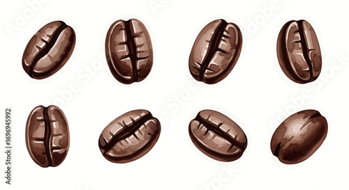 An artistic set of eight roasted coffee beans rendered in a rich brown watercolor style, showcasing detailed textures, isolated on a clean white background
