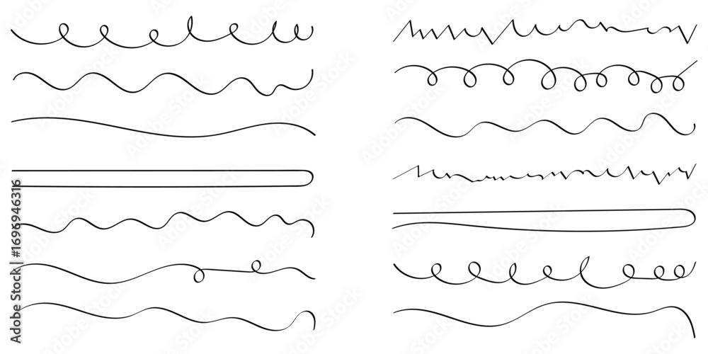 Obraz premium Modern simple dark lines. Horizontal paintbrush element on white background. Group of horizontal objects on white background. Black hand drawn underline calligraphy set. EPS 10. 