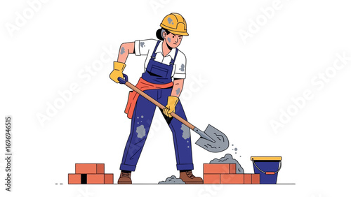 Construction Worker at Work: A construction worker efficiently uses a shovel to manage materials for building, embodying dedication in their work.