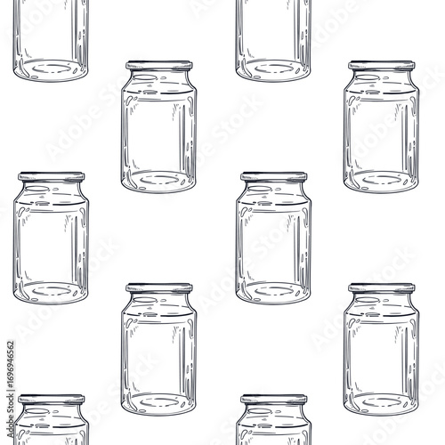 Seamless vector pattern of empty storage jars. All objects are hand-drawn in ink and converted into vector. The illustration is suitable for printing on paper, for decorating the packaging of goods.
