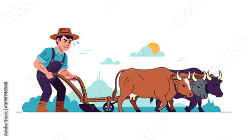 A Farmer Working: A dedicated farmer, harnessed to the land by his labor, guides a team of oxen, navigating a furrow with determined steps under the sunny sky.