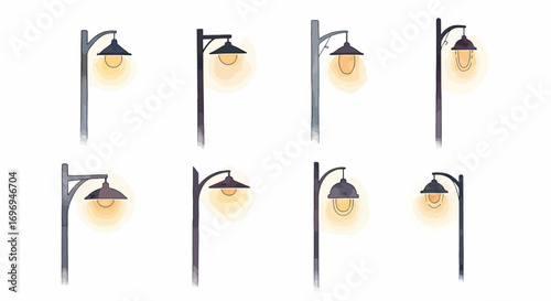 Collection of various street lamps and lampposts illuminating with a warm glow, presented in a minimalist vector illustration style on a clean white background