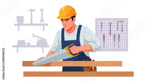 Skilled Craftsperson at Work: Capturing a focused moment of craftsmanship, this illustration features a skilled carpenter, diligently sawing wood with precision.
