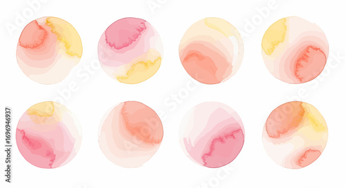 A pack of eight minimalist abstract watercolor circles, showcasing subtle inkblot forms with soft, diffused pastel washes isolated on a white background