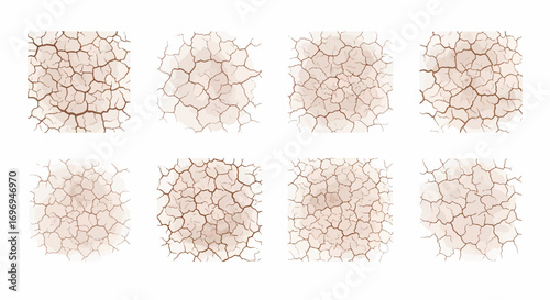 Collection of 8 abstract watercolor cracked earth textures in earthy tones, perfect for digital art and design backgrounds