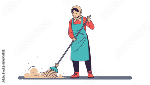 Daily Chore Routine: A focused woman, donned in a headscarf and apron, meticulously sweeps with a broom. An everyday illustration of home cleaning and personal care. 