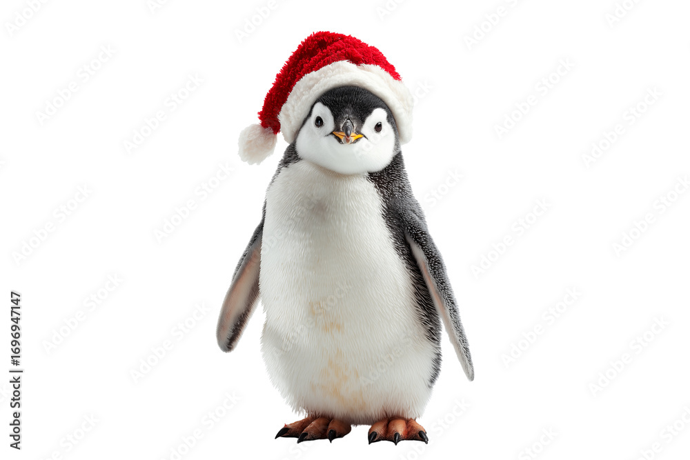Fototapeta premium A Christmas penguin wearing a Santa hat, isolated on a transparent background.