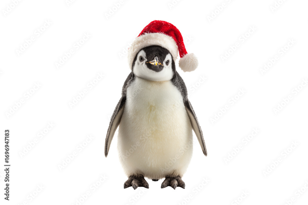 Fototapeta premium A Christmas penguin wearing a Santa hat, isolated on a transparent background.