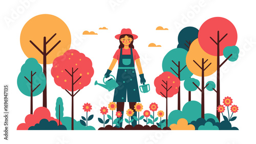 Nurturing the Garden: A cheerful woman, a gardener in her element, tends a vibrant garden filled with blooming flowers and thriving greenery, an illustration of growth and cultivation.