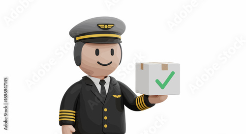 Reliable Air Cargo Pilot Delivering Box with Green Checkmark 3D Rendering