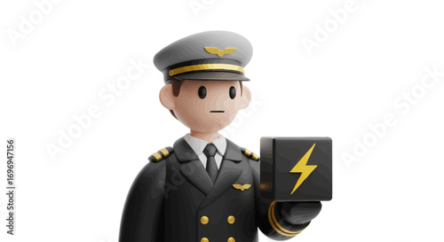 A stylized 3D pilot character in a captain's uniform holding a black cube with a bright yellow lightning bolt icon, isolated on white