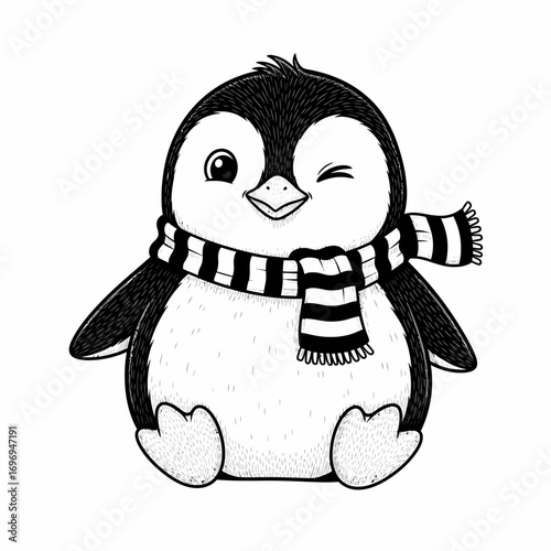 Charming Cartoon Penguin Winking and Wearing a Striped Scarf, Black and White Illustration